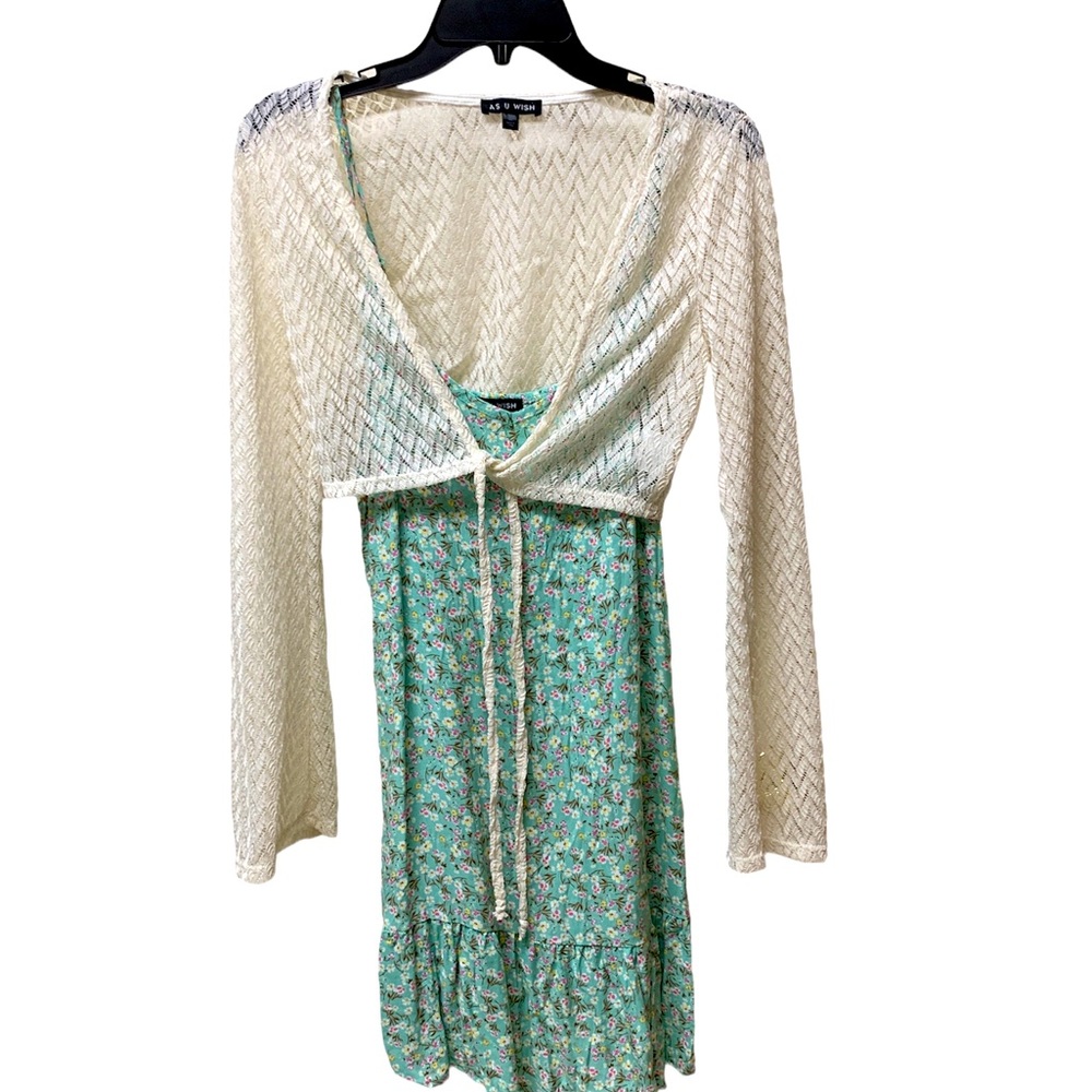 AS U WISH Two Piece Spaghetti Strap Short Dress with Long Sleeve Mesh Cardigan